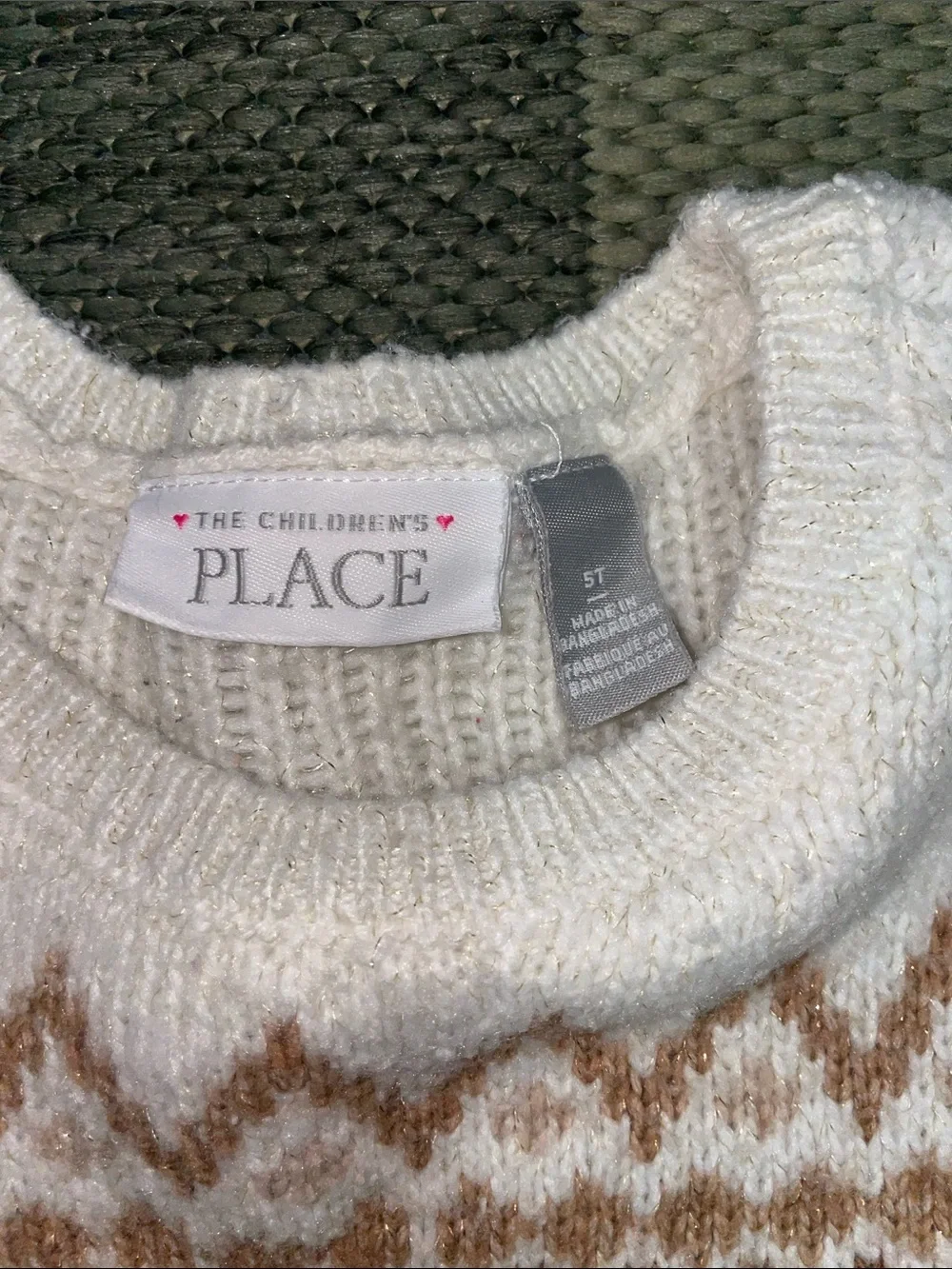 The Children's Place Cream Sweater Dress with Brown Fair Isle Pattern